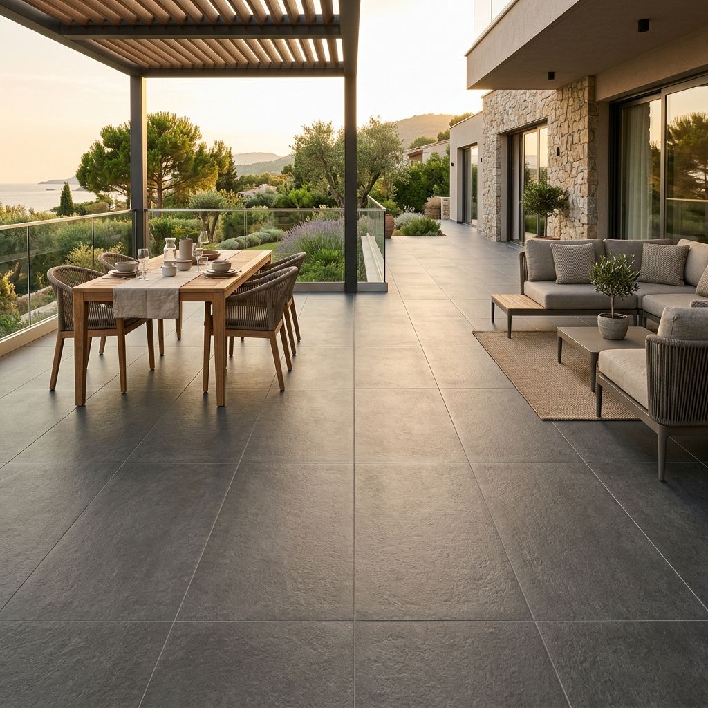 Frostsicher verlegte Terrassenplatten im Außenbereich (Platzhalter-Stockfoto)
