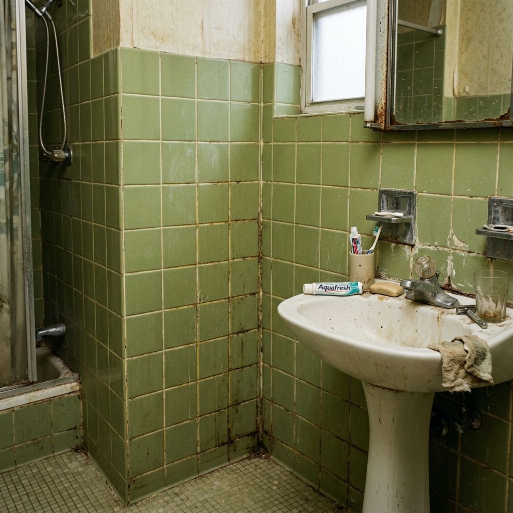Altes, sanierungsbedürftiges Bad vor der Renovierung (Platzhalter-Stockfoto)