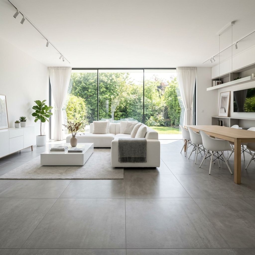Großformatfliesen auf einer fugenarmen Wohnraumwand (Platzhalter-Stockfoto)