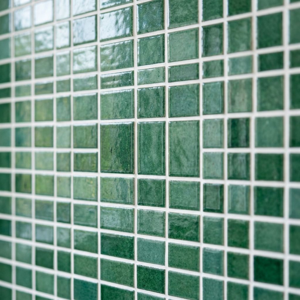Feines Mosaik als Akzentfläche im Bad (Platzhalter-Stockfoto)