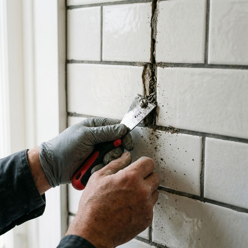 Sorgfältige Reparatur einer einzelnen Bodenfliese (Platzhalter-Stockfoto)